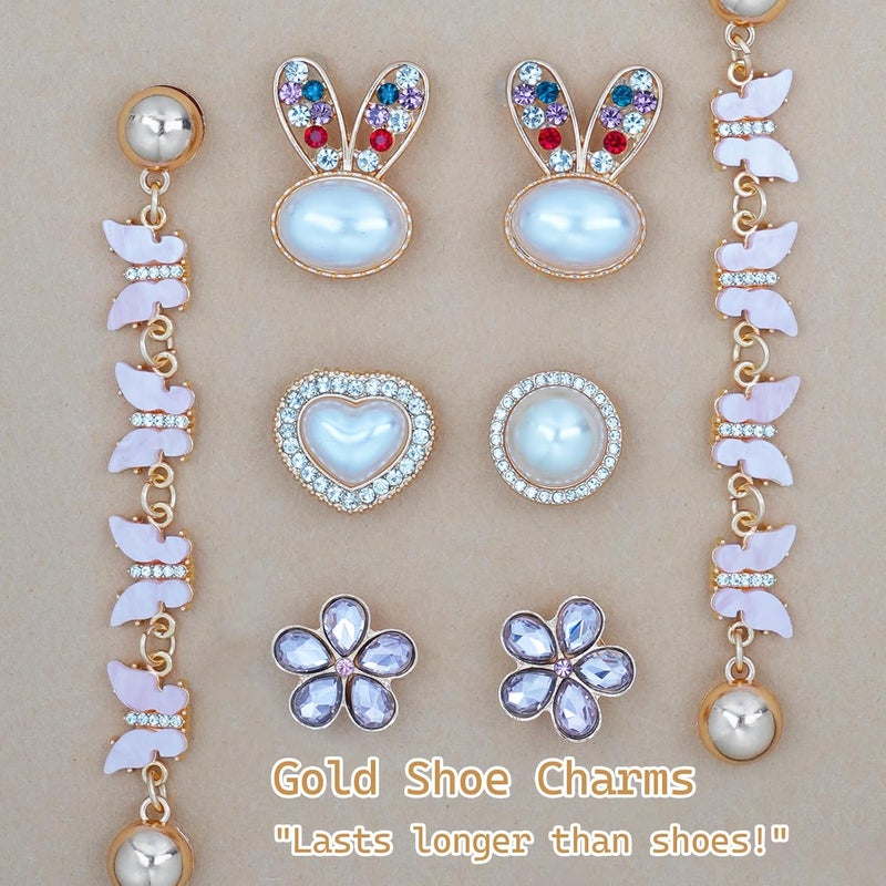 Lugailly Bling Shoe Charms for Girls and Women, Girly Gold Shoe Charms for Clog Sandals, 24 PCS Glitter Pearl Flower Shoes Decoration Bulk, Shoes Chains Pins Charm Accessories - Image 3